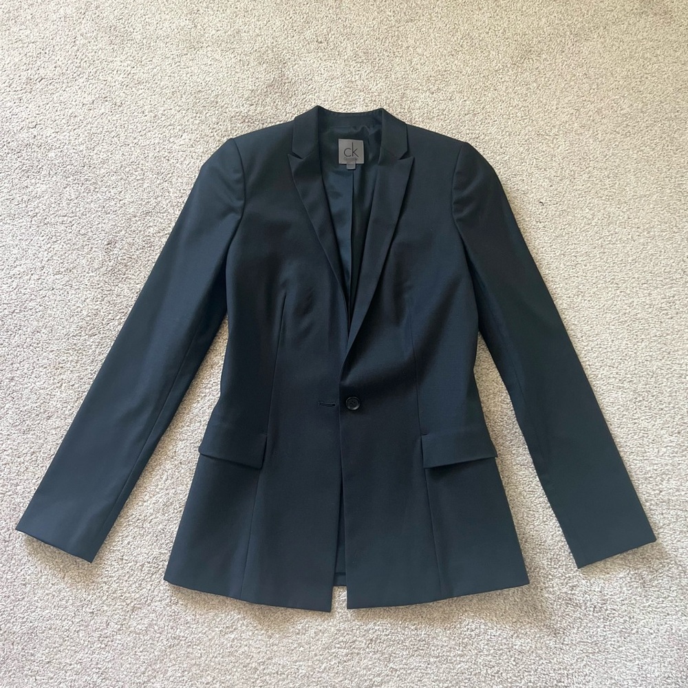 Brand New Calvin Klein CK Black Blazer Single Button Wool Suit Size 0